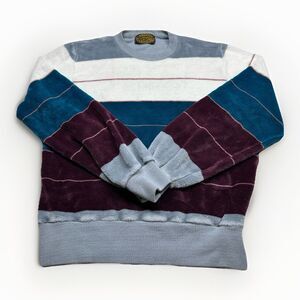 Sweater Emporium Mens L Velour Stripe Crewneck Blue Burgundy